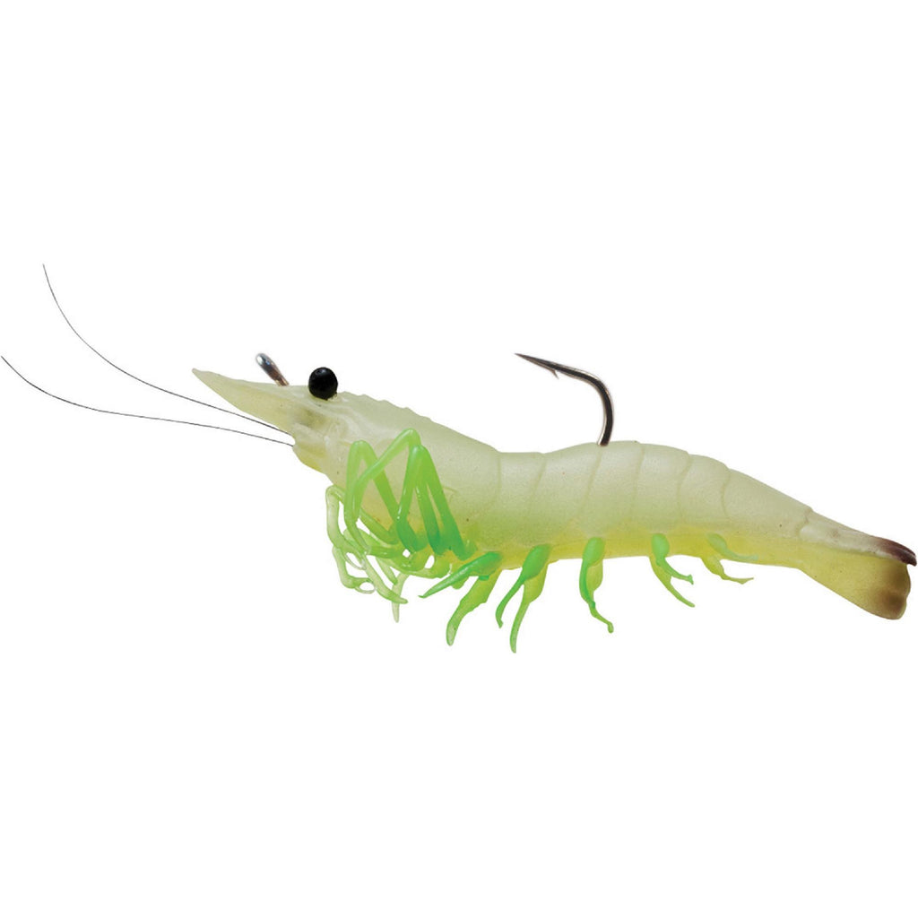 Rigged Shrimp Soft Plastic - Saltwater, 3", #1-0 Hook, Variable Depth,  Glow Shrimp, Per 4