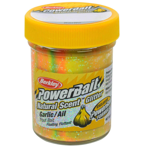 PowerBait Natural Glitter Trout Dough Bait - Garlic Scent-Flavor, Rainbow