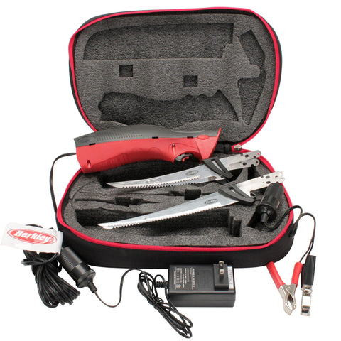 Fillet Knife - - Deluxe Electric with Standard-Vehicle Plug-Battery Clips-Case, Red-Black