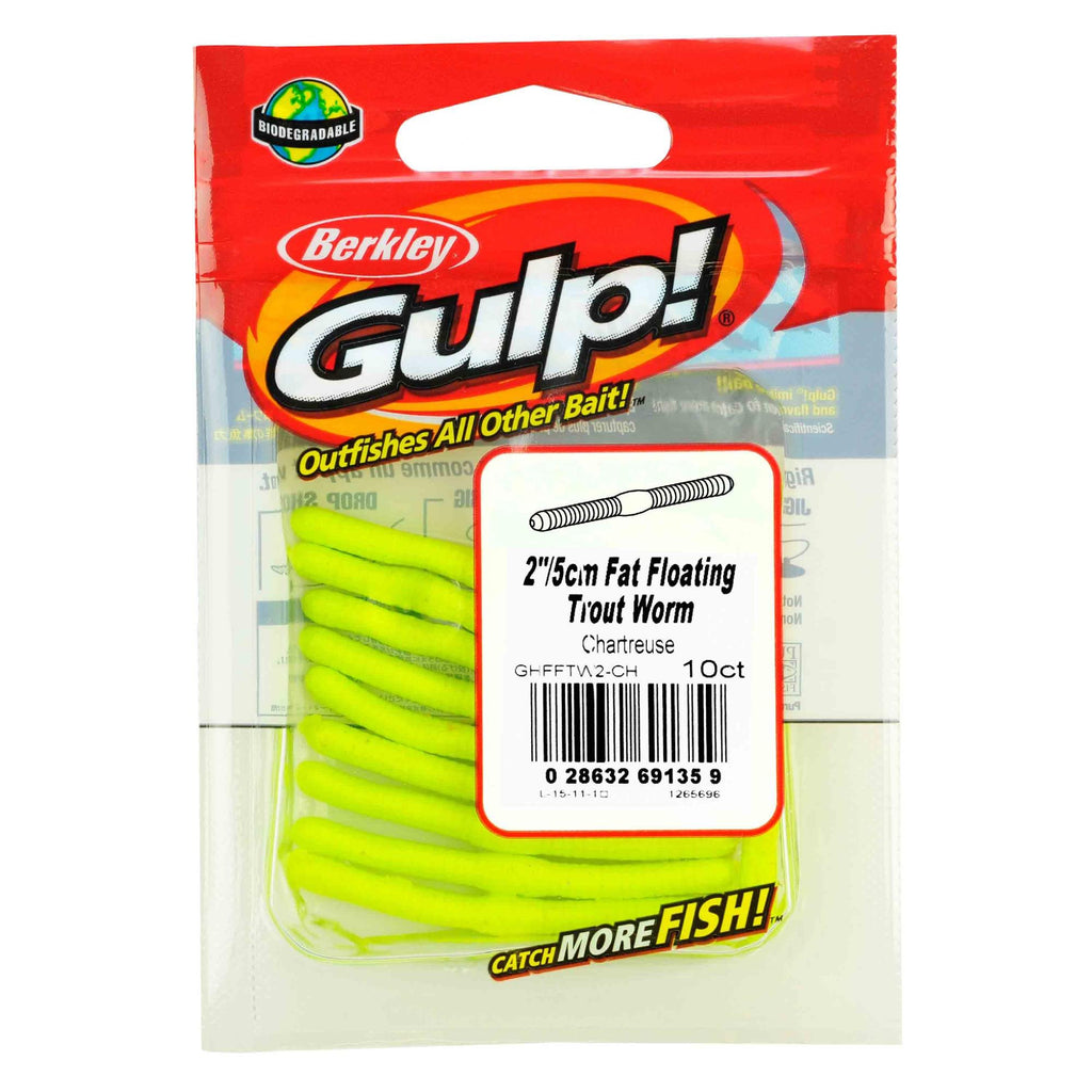 Gulp! Fat Floating Trout Worm Soft Bait - 2" Length, Chartreuse, Per 10