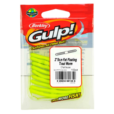 Gulp! Fat Floating Trout Worm Soft Bait - 2" Length, Chartreuse, Per 10