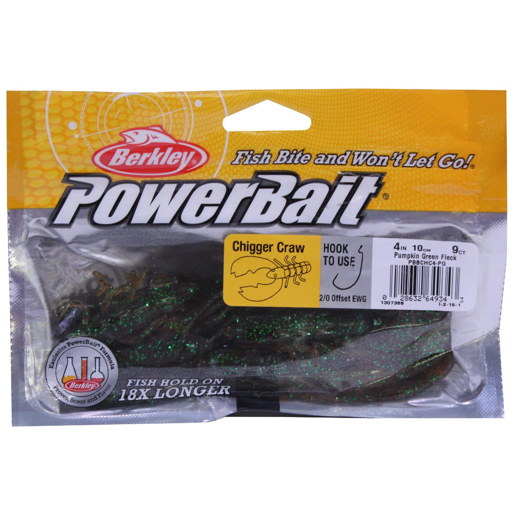 Powerbait Chigger Craw Soft Bait - 4" Length, Pmpkin Green Fleck, Per 9