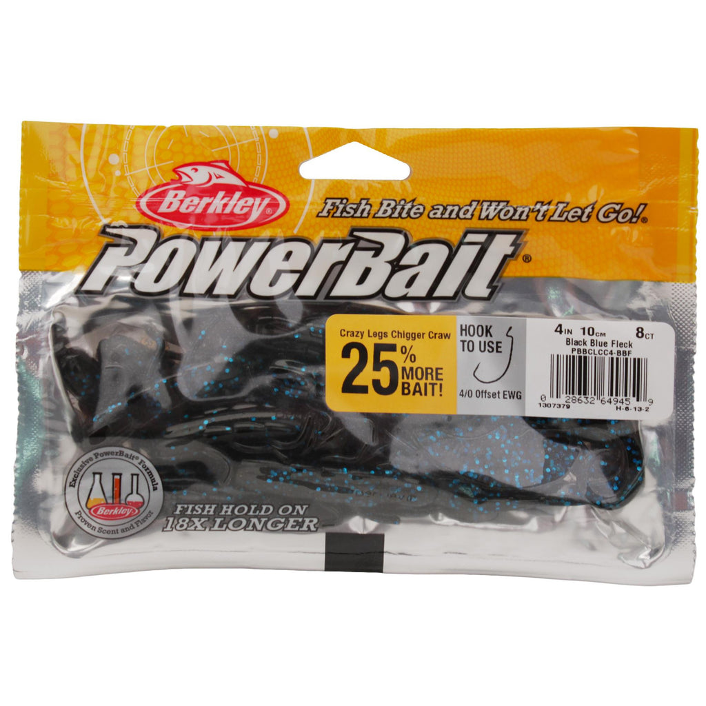 Powerbait Crazy Legs Chigger Craw, 4" - 4" Length, Black Blue Fleck, Per 8