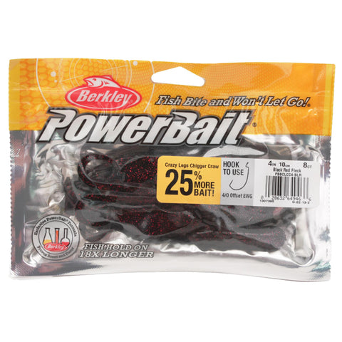 Powerbait Crazy Legs Chigger Craw, 4" - 4" Length, Black Red Fleck, Per 8