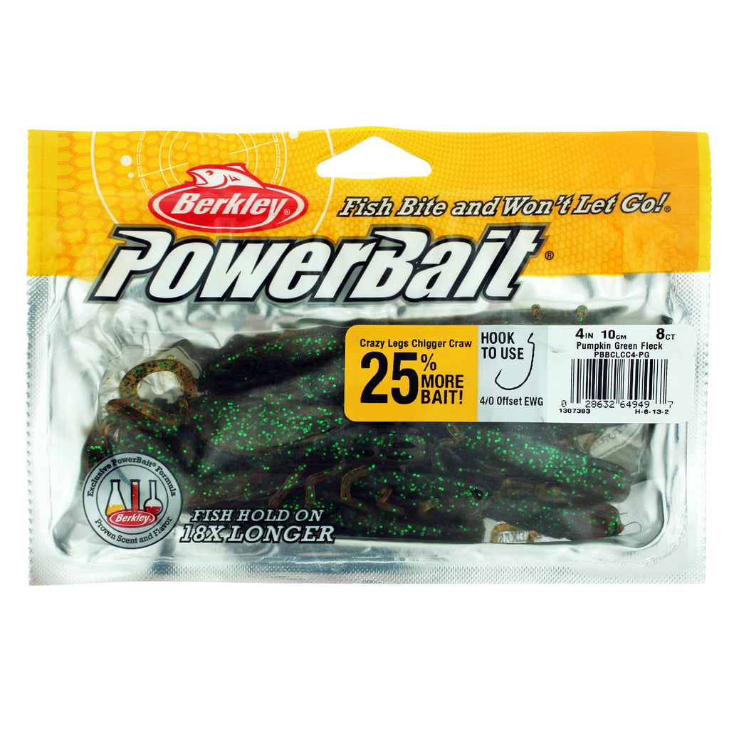 Powerbait Crazy Legs Chigger Craw, 4" - 4" Length, Pumpkin Green Fleck, Per 8