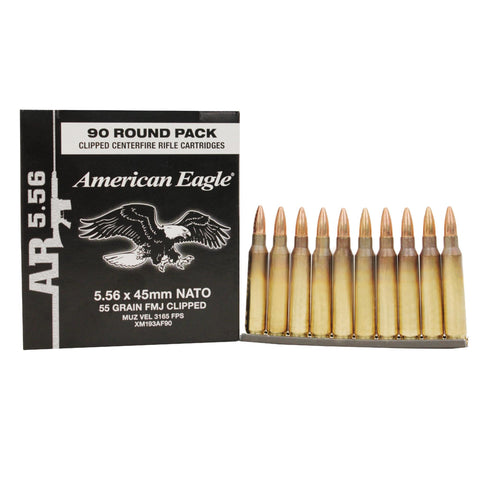 5.56x45mm NATO - American Eagle, 55 Grains, Full Metal Jacket Boat Tail, Per 90 (Stripper Clip)