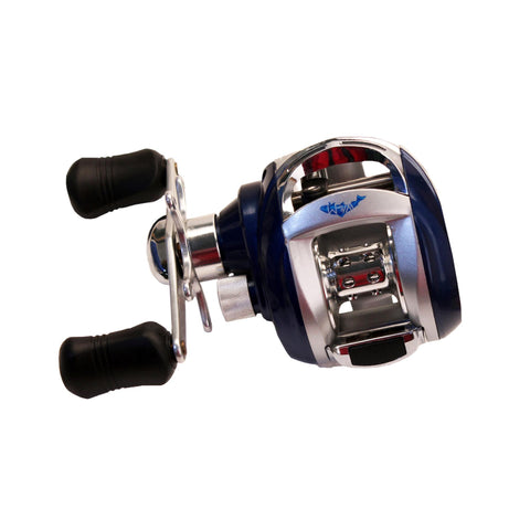 Wright & McGill Sabalos Bait Casting Reel - 62L Low Profile, 6.2:1 Gear Ratio, 9+1 Bearings, Blue-Silver, Left Hand