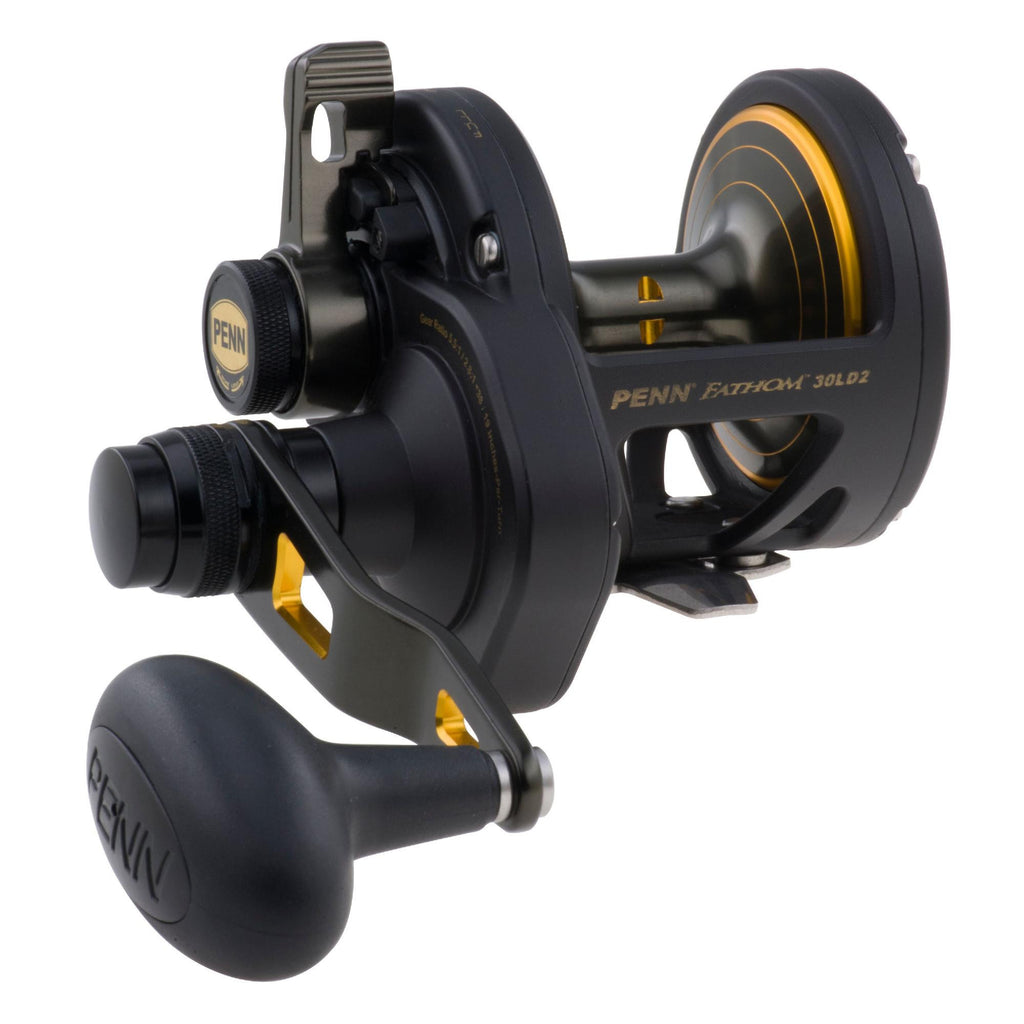 Fathom Lever Drag 2 Speed Conventional Reel - 30 Size, 5.5:1-2.7:1 Gear Ratio, 38"-19" Retrieve Rate, 33 lbs Max Drag, RH