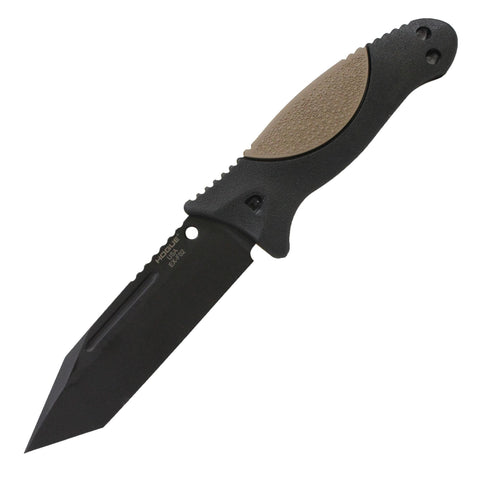 EX-F02 4.50" Fixed Tanto Blade Knife - Black Kote with Rubber OverMolded Handle, Flat Dark Earth, Black Sheath