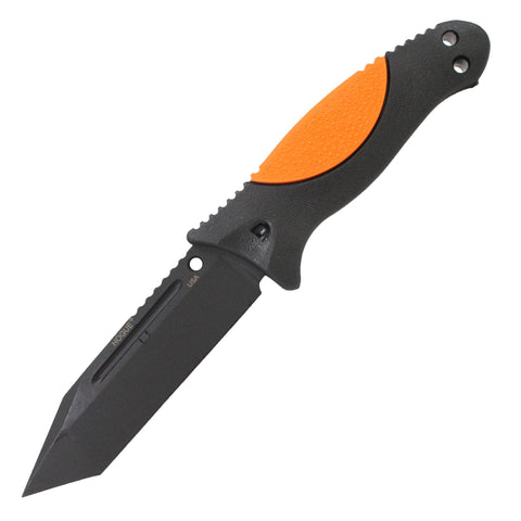 EX-F02 4.50" Fixed Tanto Blade Knife - Black Kote with Rubber OverMolded Handle, Hunter Orange, Black Sheath