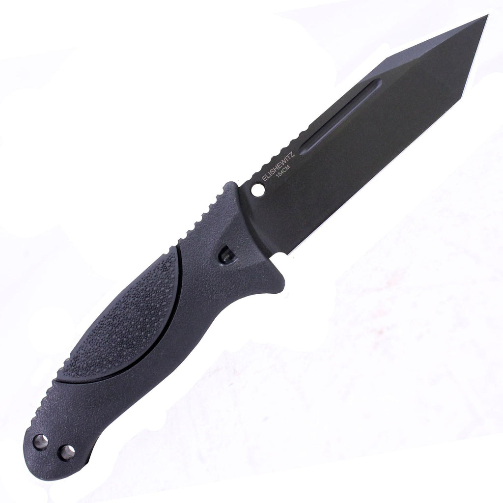 EX-F02 4.50" Fixed Tanto Blade Knife - Black Kote with Rubber OverMolded Handle, Black, Black Sheath