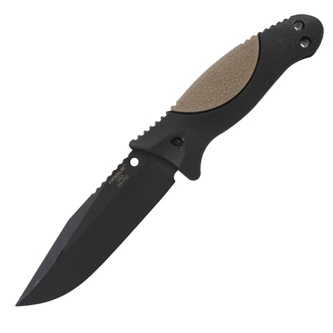 EX-F02 4.50" Fixed Clip Point Blade Knife - Black Kote with Rubber OverMolded Handle, Flat Dark Earth, Black Sheath