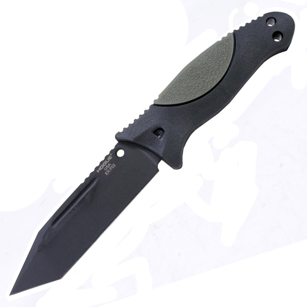 EX-F02 4.50" Fixed Tanto Blade Knife - Black Kote with Rubber OverMolded Handle, Olive Drab Green, Black Sheath