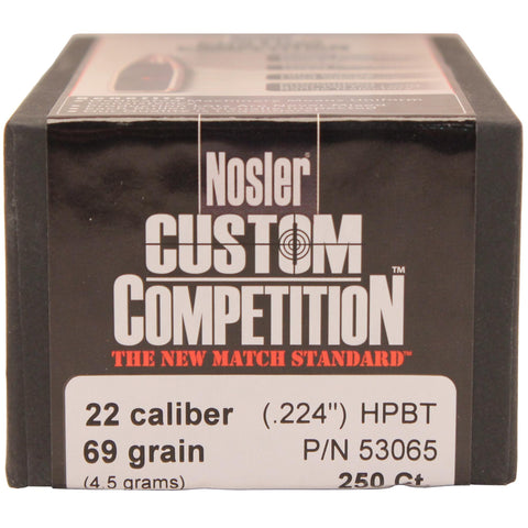 22 Caliber Bullets - Custom Competition, 69 Grains, Hollow Point Boat Tail, Per 250