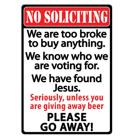 Tin Sign - No Soliciting, Size 12" x 17"