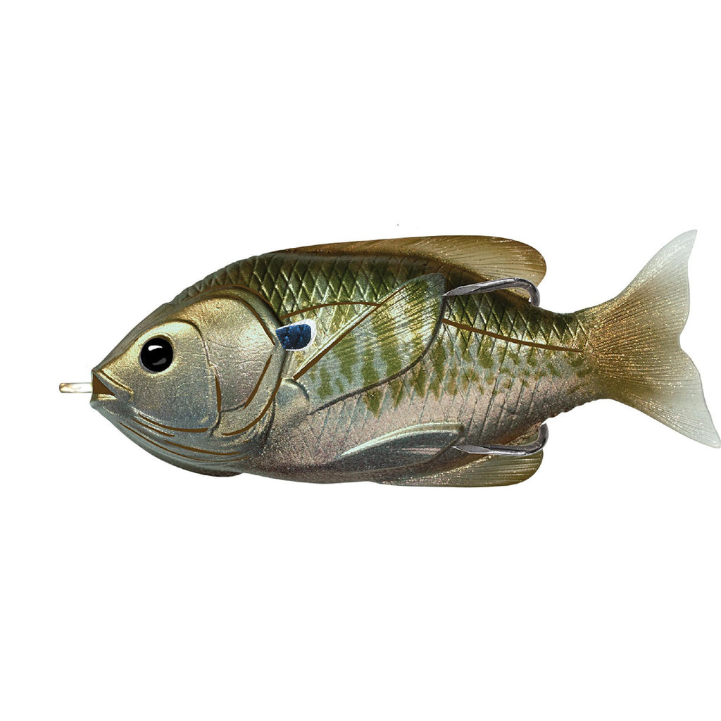 Sunfish Hollow Body - Freshwater, 3 1-2", #4-0 Hook. Topwater Depth, Olive-Metallic Bluegill