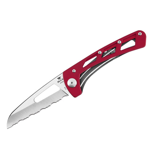 Vertex - 3" Satin 420HC Serrated Blade, Red Aluminum Handle, Boxed