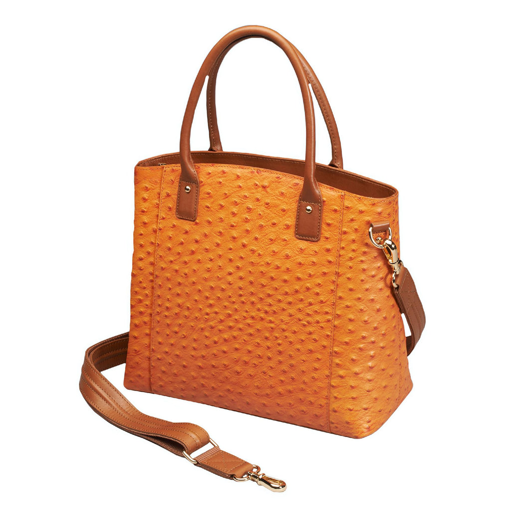 Ostrich Debossed Cowhide Tote - Orange