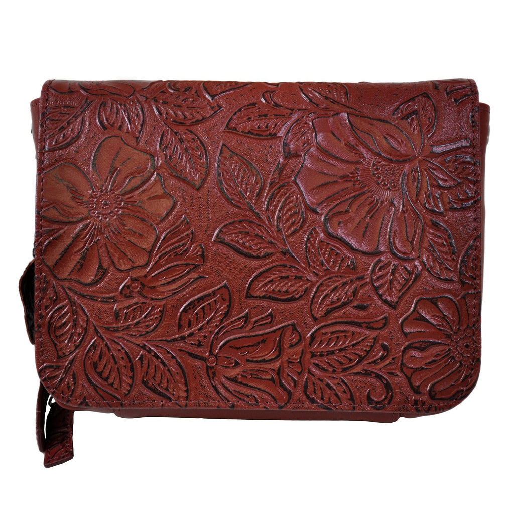 Cross Body Organizer - Tooled Cowhide, Cherry