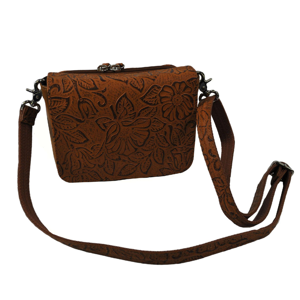 Cross Body Organizer - Tooled Cowhide, Tan