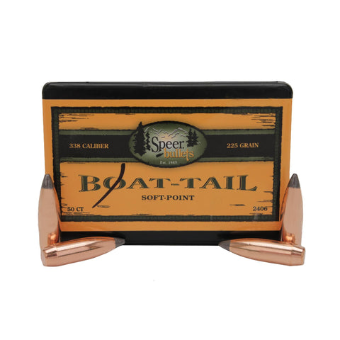 .338 Caliber Bullets - Spitzer, (.338" Diameter), 225 Grains, Boat Tail Soft Point (BTSP), Per 50