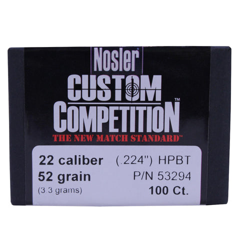 22 Caliber Bullets - Custom Competition, 52 Grains, Hollow Point Boat Tail, Per 100