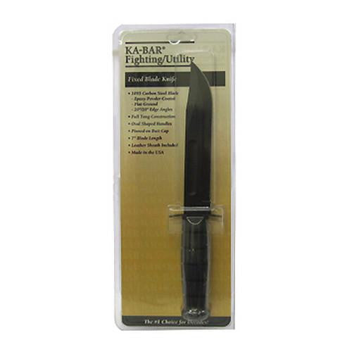 Fighting-Utility Knife, Black - 7" Fixed Straight Edge, Leather Sheath (Clam Pack)