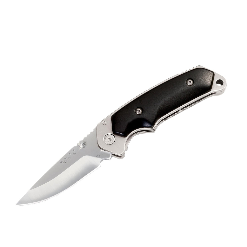 Folding Alpha Hunter - 2 1-4" Plain Satin Blade, Clip PointBlack Handle, Boxed